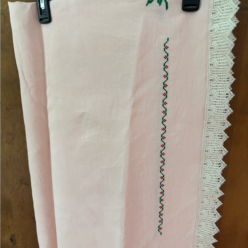 Pink Embroidered Table Cloth with Lace Trim